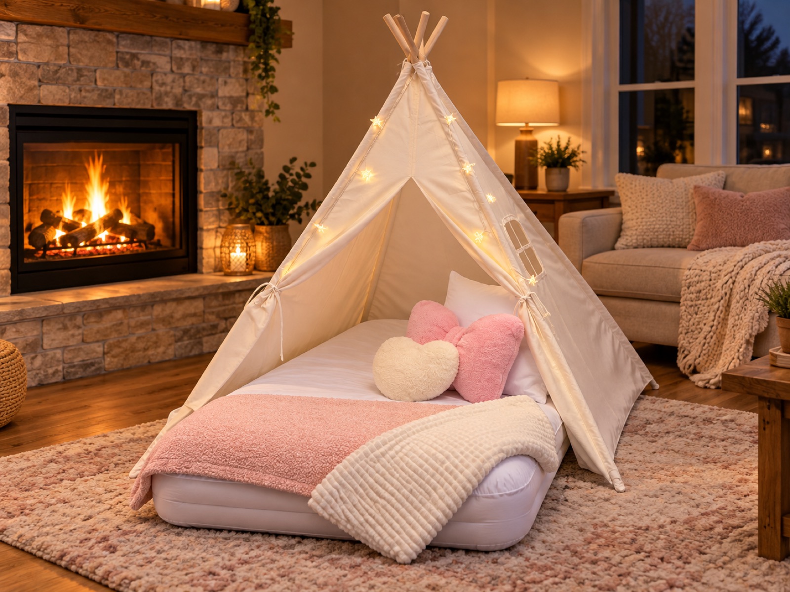 One Cotton Candy tent with heart and bow pillows by the fireplace
