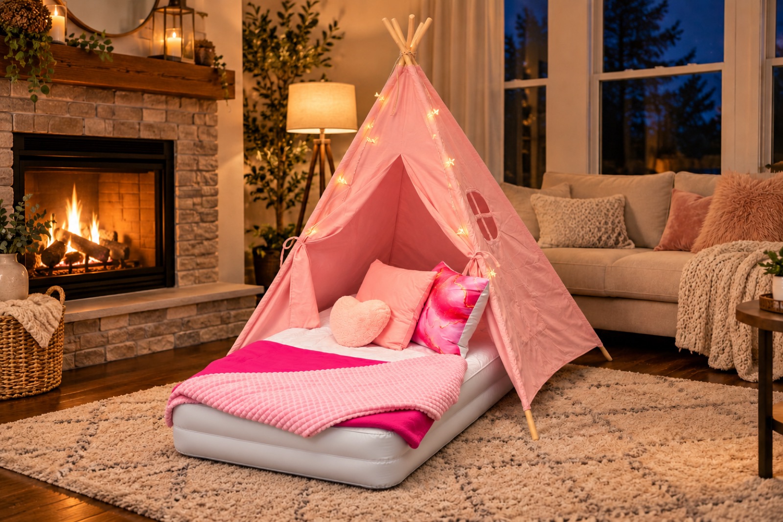 Pink tent with raised twin mattress