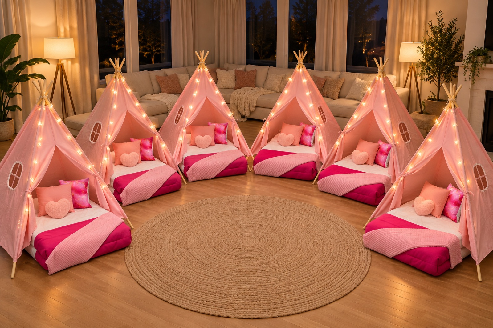 Pretty in Pink tents set up in a living room at night