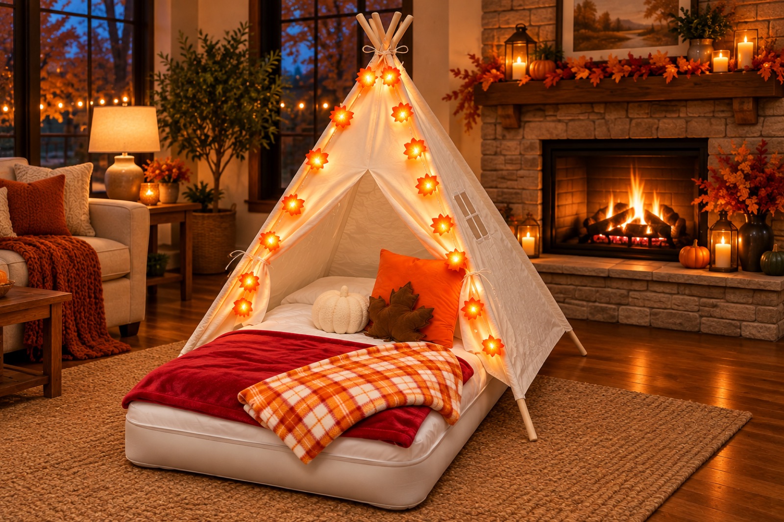 One Pumpkin Patch tent with plaid blanket by the fireplace
