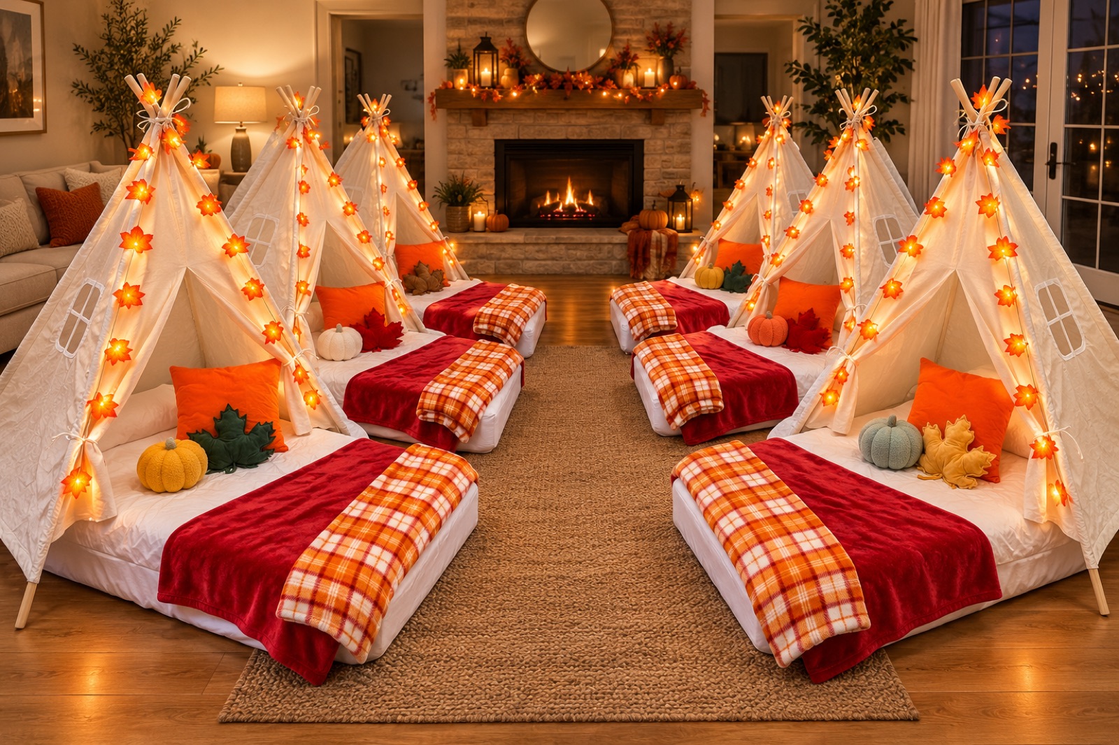 Six white Pumpkin Patch tents with leaf lights, red and plaid blankets